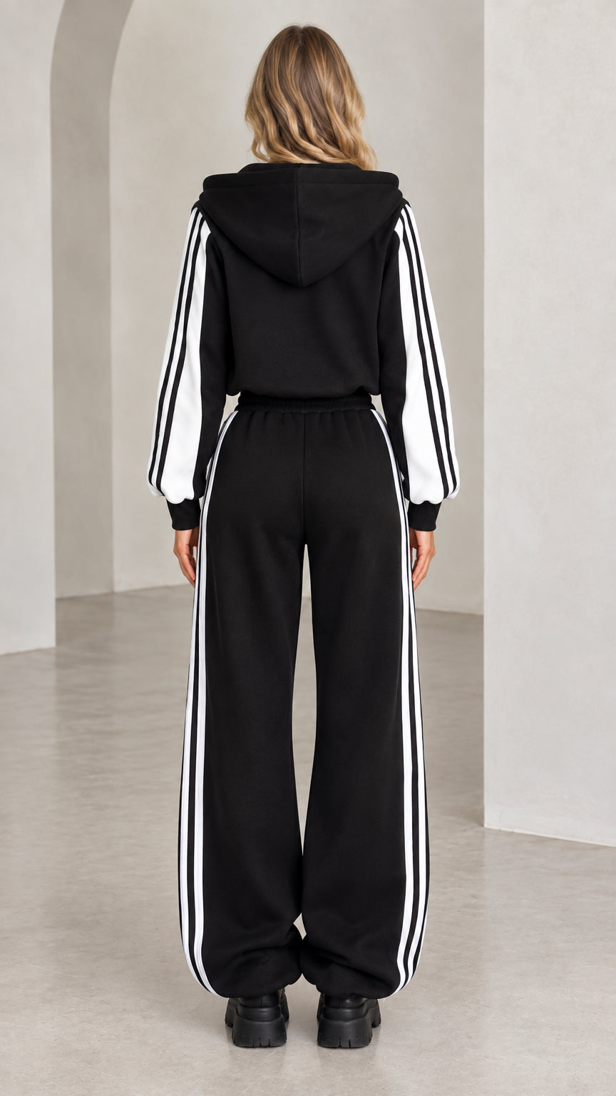 Back view of model wearing black hooded cropped track jacket and matching sweatpants