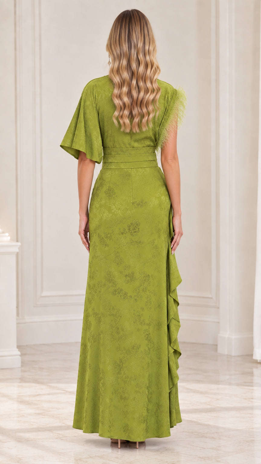 Back view of olive green maxi dress showing concealed zipper and floor-length drape