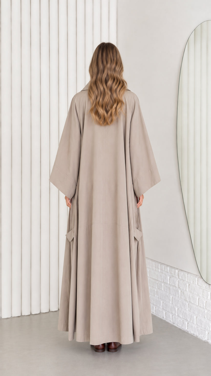 Back view of taupe kimono sleeve maxi duster coat