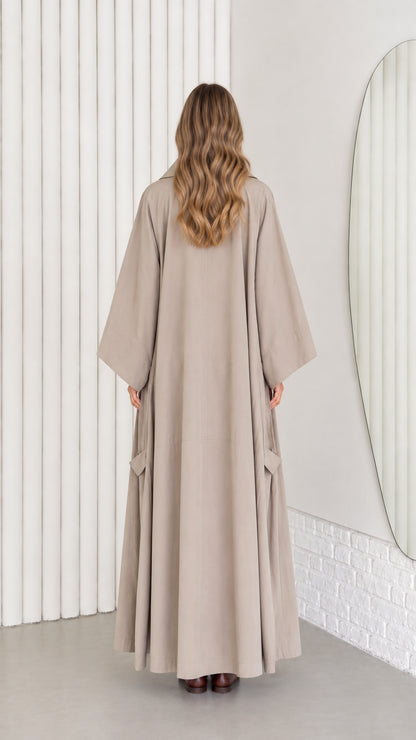 Back view of taupe kimono sleeve maxi duster coat