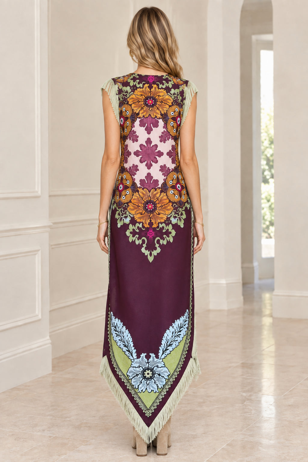Back view of model wearing Plum fringe-trimmed ornate medallion maxi dress