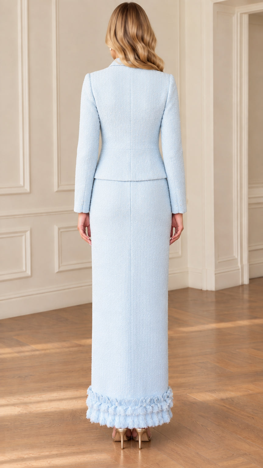 Back view of Light Blue long tweed skirt and tailored jacket set