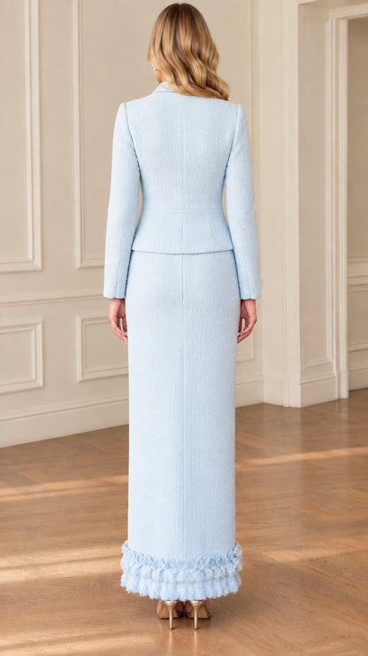Back view of Light Blue long tweed skirt and tailored jacket set