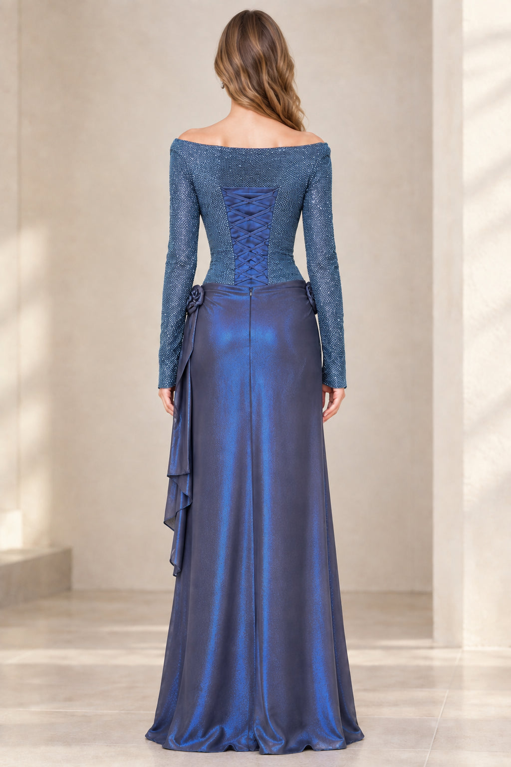 Back view of model showing lace-up corset back on Slate Blue evening gown