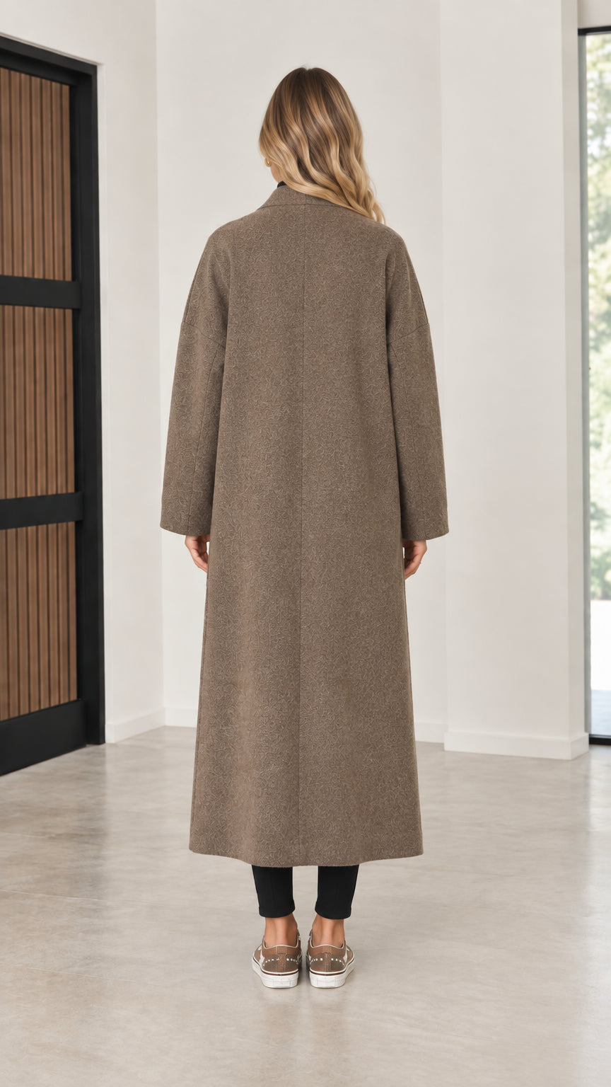 Back view of model wearing mocha longline open front coatigan