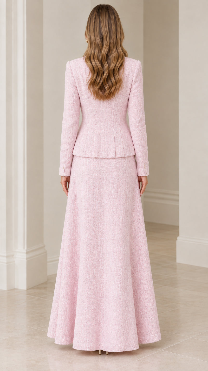 Back view of model in elegant blush pink tweed peplum jacket and maxi skirt set