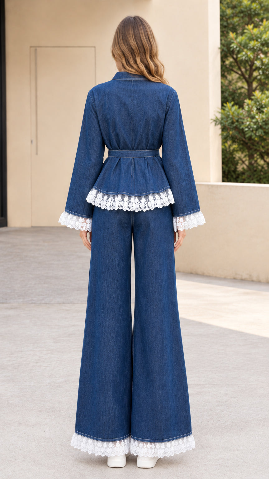 Back view of model wearing Denim Blue belted denim jacket with wide-leg pants