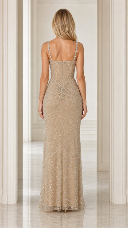 Back view of Champagne floor-length embellished evening gown with square back