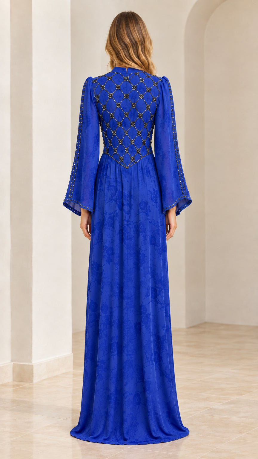 Royal Blue jacquard maxi dress with beaded back bodice