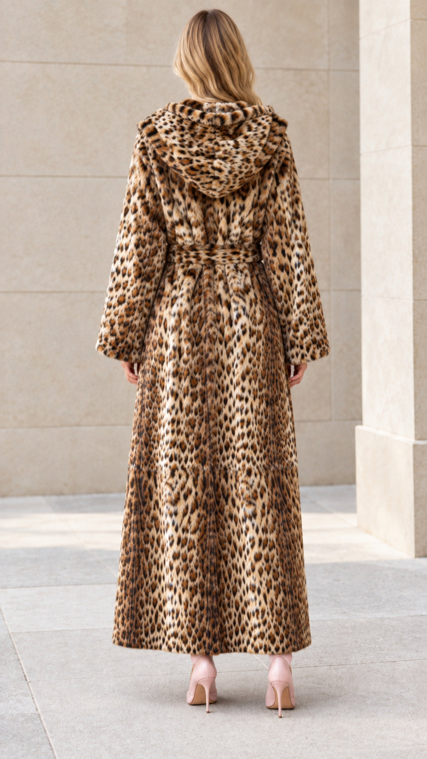 Back view of model wearing hooded brown leopard faux fur full-length coat