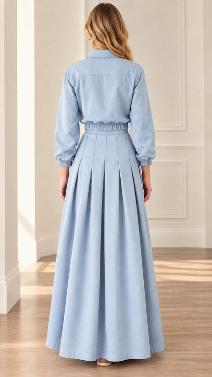 Back view of women's sky blue pleated long skirt and button-up shirt set
