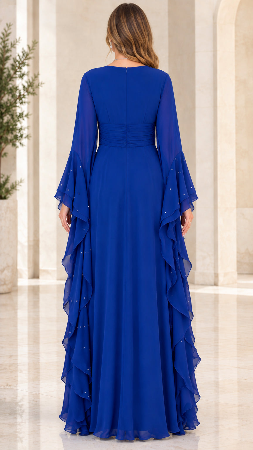 Back view of woman wearing Royal Blue floor-length chiffon gown with bell sleeves