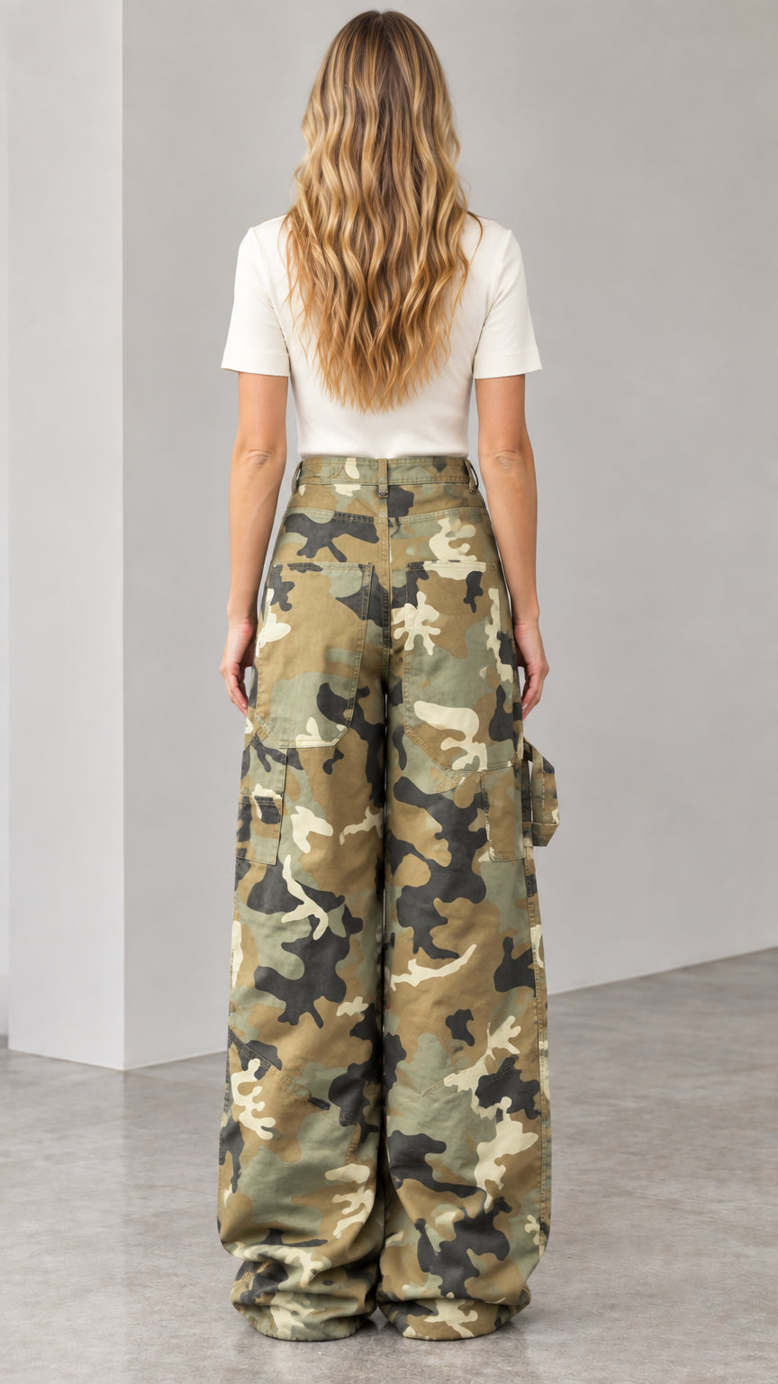 Back view of woman wearing relaxed fit army green camo wide-leg cargo pants