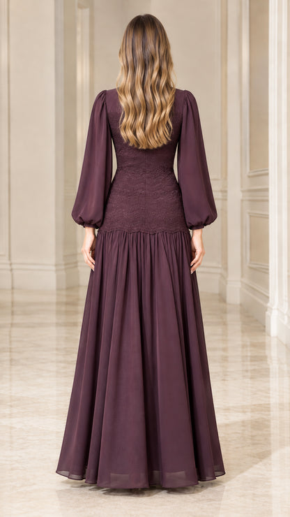 Back view of woman wearing Plum long sleeve chiffon maxi dress