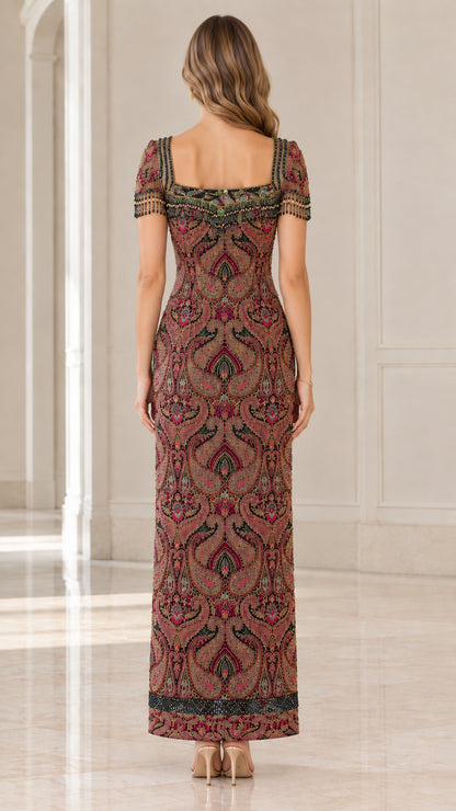 Back view of square neck burgundy beaded formal evening gown