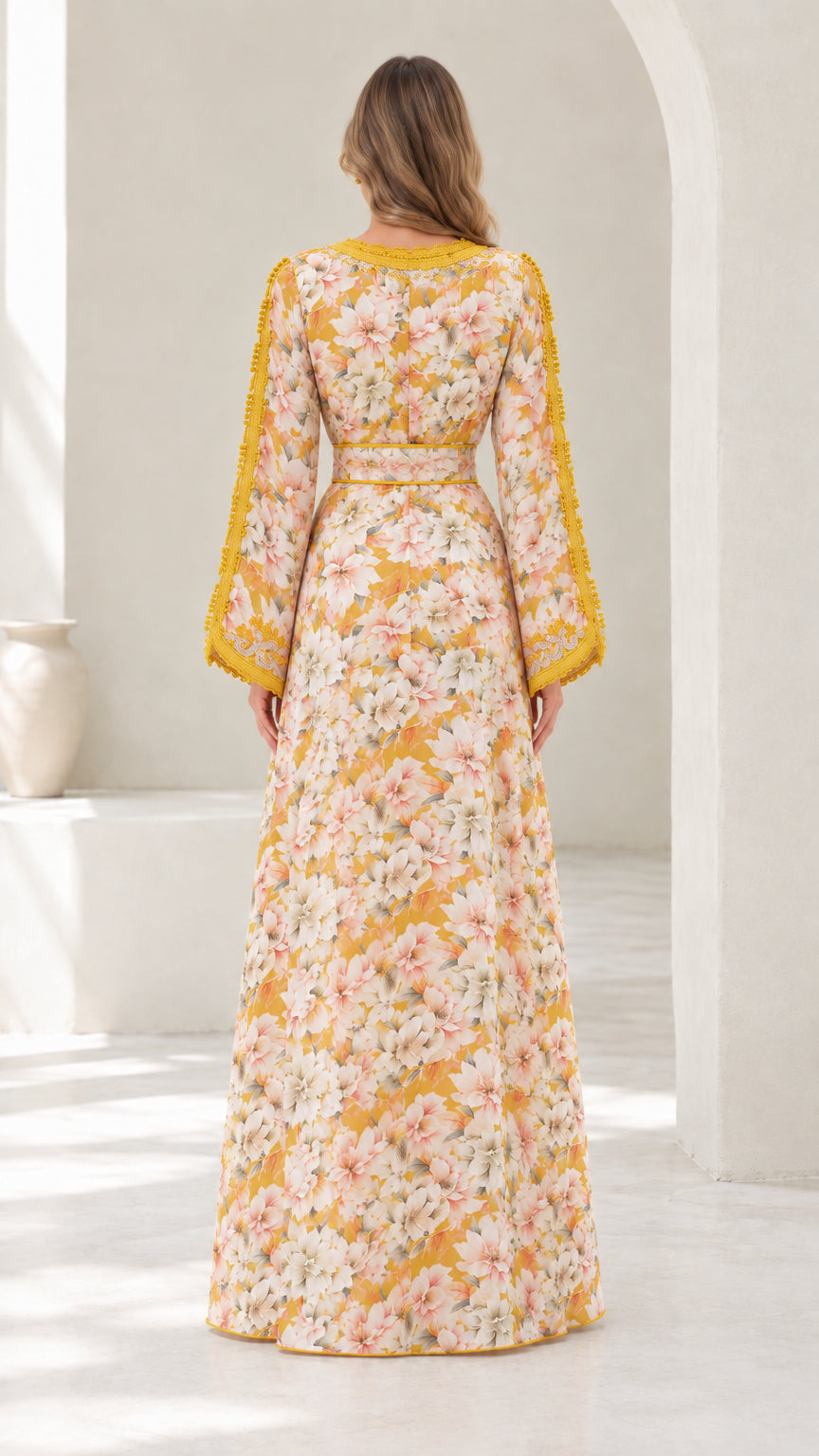 Back view of model showcasing full-length mustard yellow floral kaftan dress