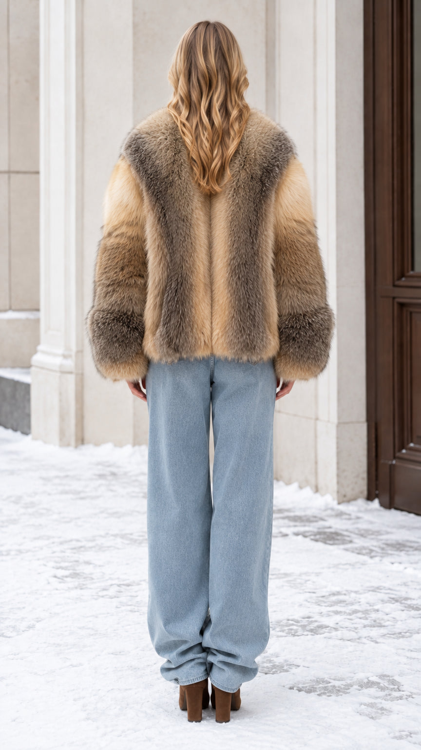 Back view of model wearing a two-tone brown faux fur coat outdoors
