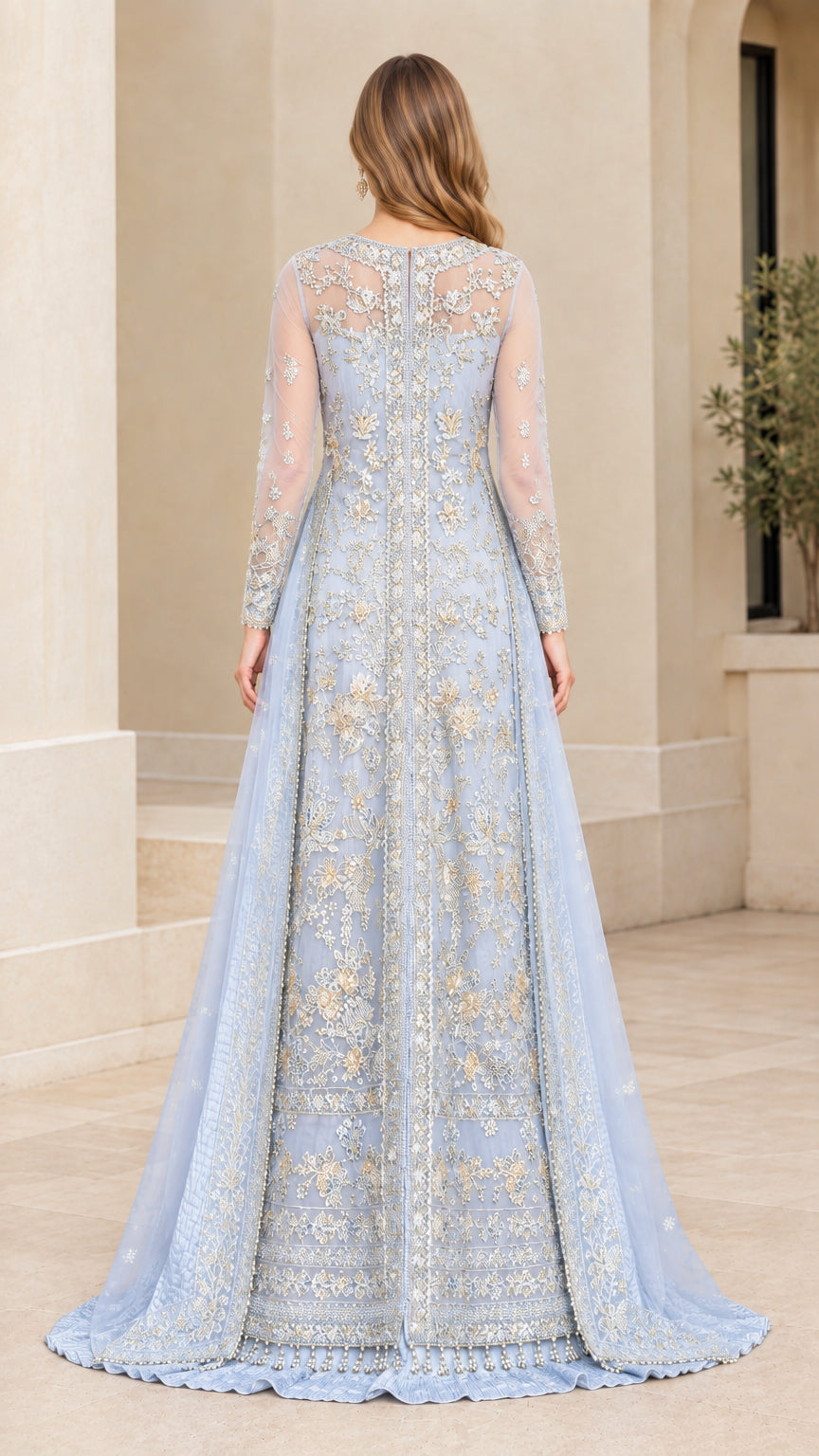 Back view of model showcasing full-length light blue embroidered evening dress with sheer illusion back