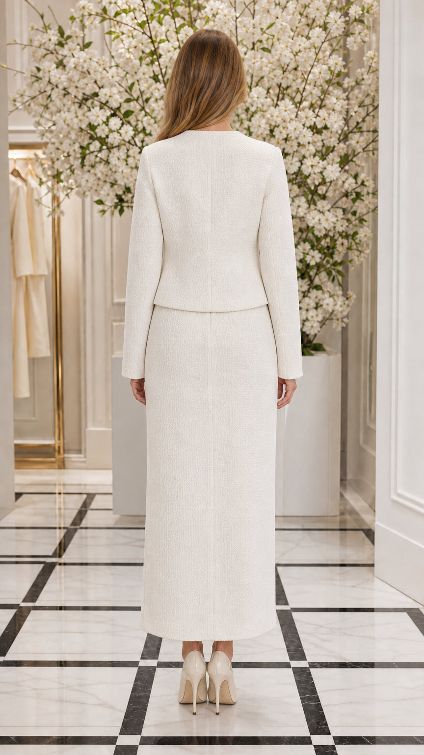 Back view of woman wearing Ivory White tailored jacket and maxi skirt