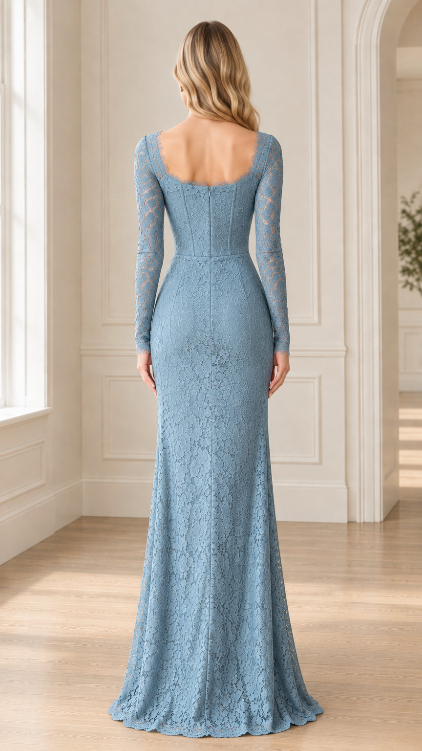 Back view of dusty blue square back lace maxi dress