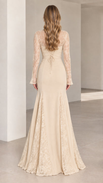 Back view of champagne lace-up detail mermaid formal gown