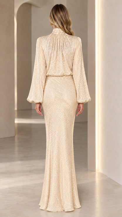 Back view of Champagne high neck maxi dress showing clean draped silhouette