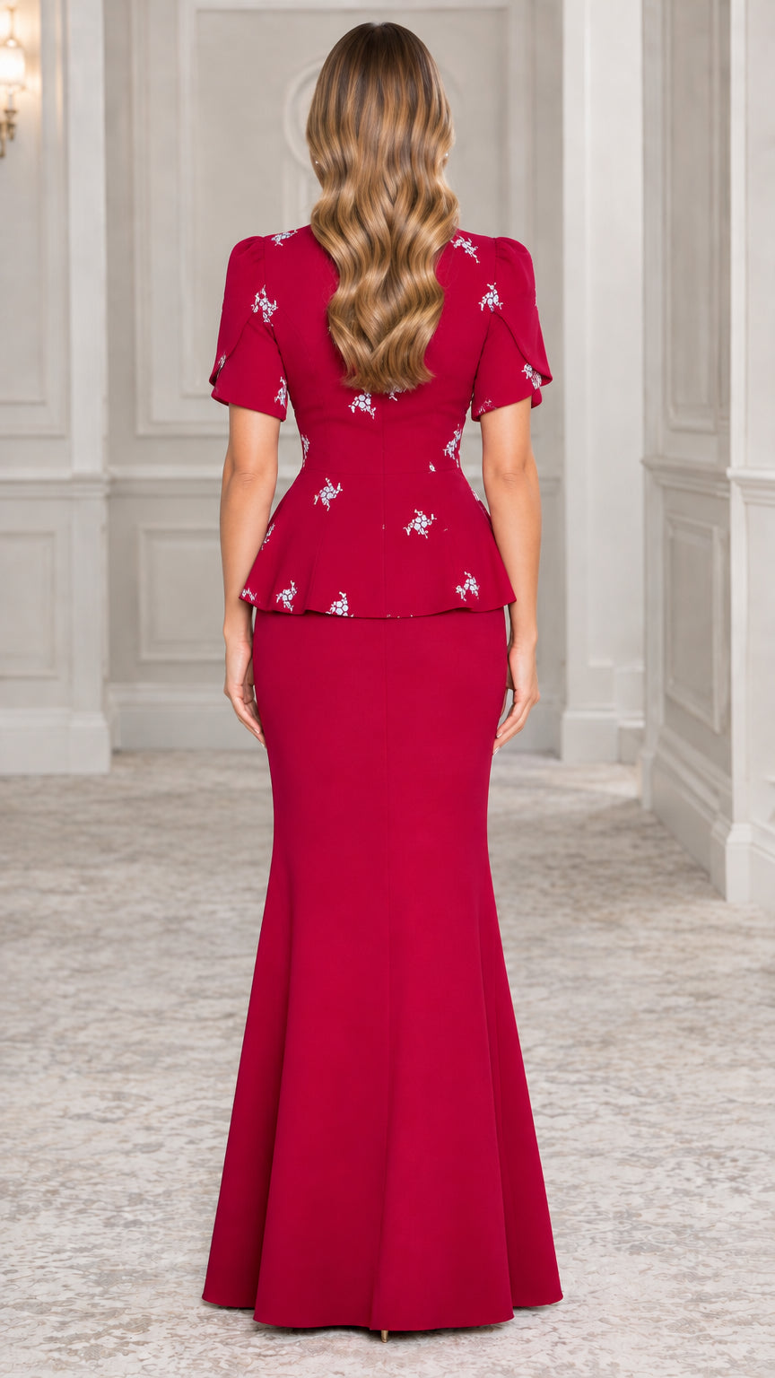 Back view of burgundy two-piece formal evening dress set