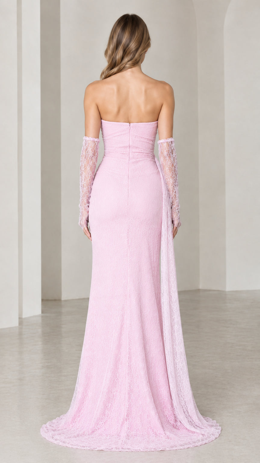 Back view of strapless pink lace formal evening dress
