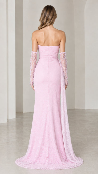 Back view of strapless pink lace formal evening dress