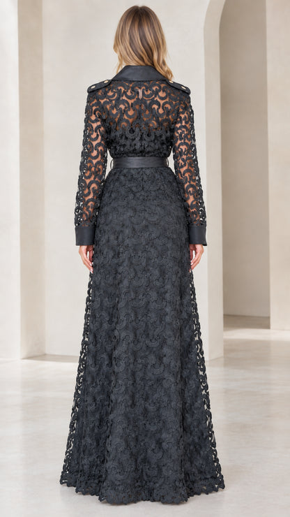 Back view of model in elegant black lace maxi trench coat
