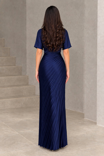 Back full-length view of navy blue pleated maxi dress