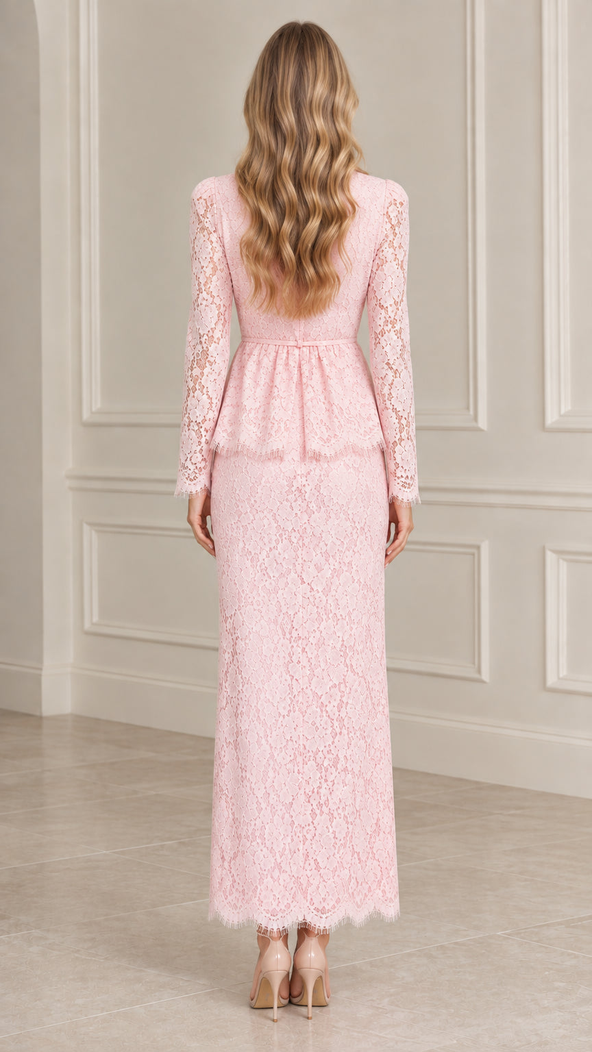 Back view of model wearing Blush Pink floral lace peplum maxi dress