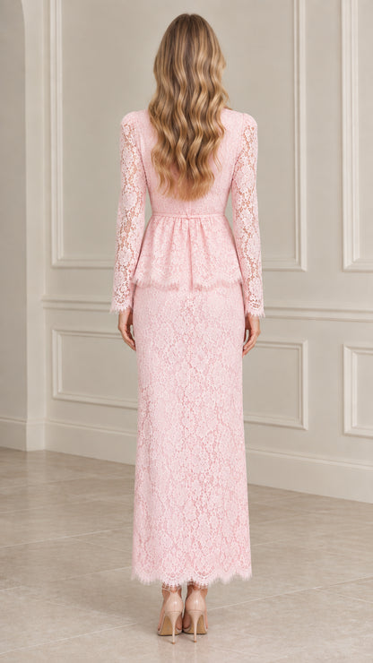 Back view of model wearing Blush Pink floral lace peplum maxi dress