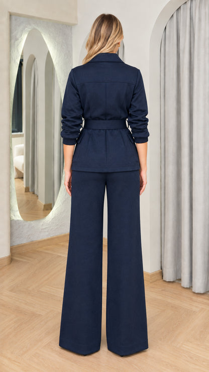 Back view of navy blue belted jacket and matching wide-leg pants set