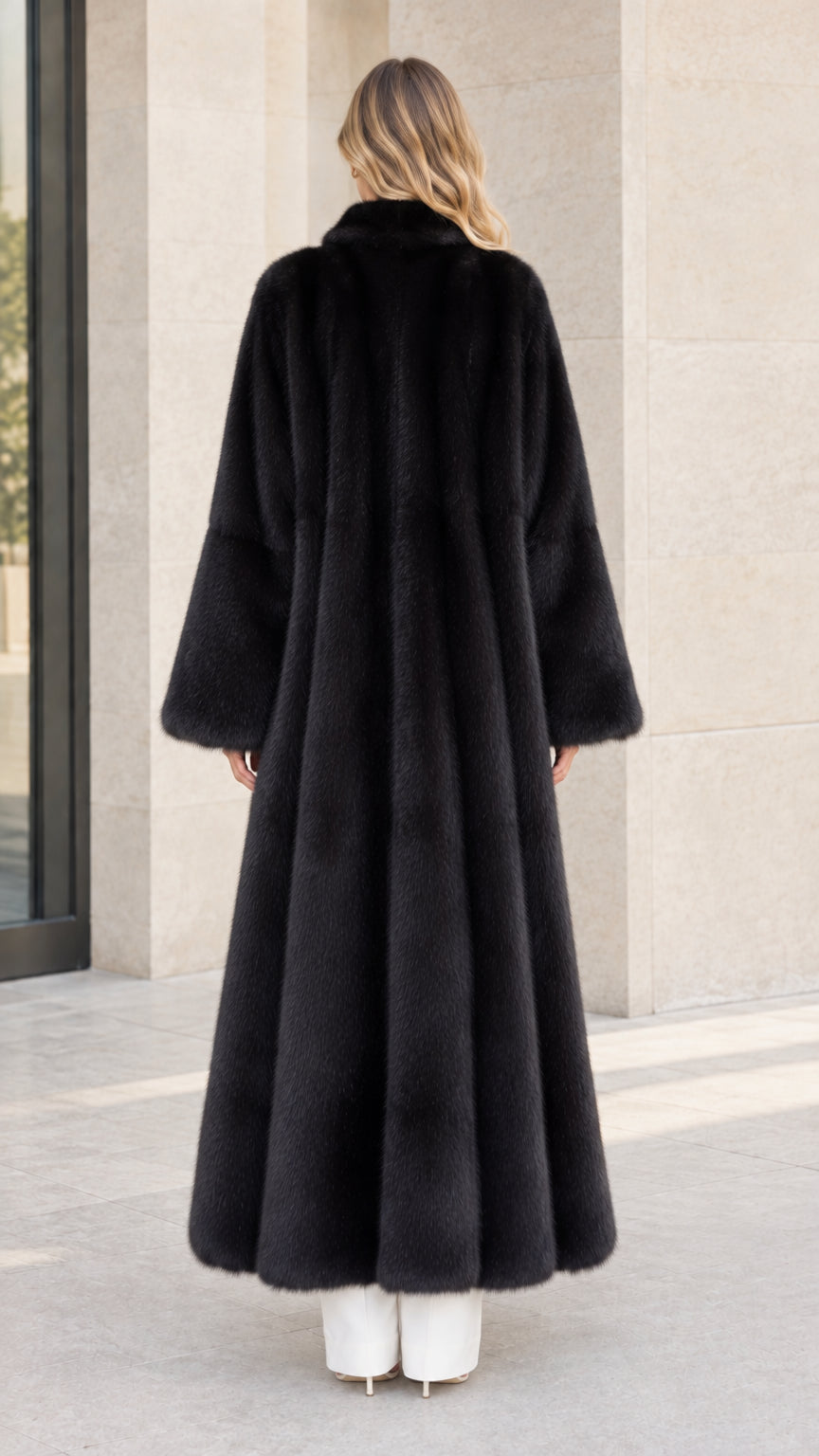 Back view of floor-sweeping black faux fur coat showing silhouette