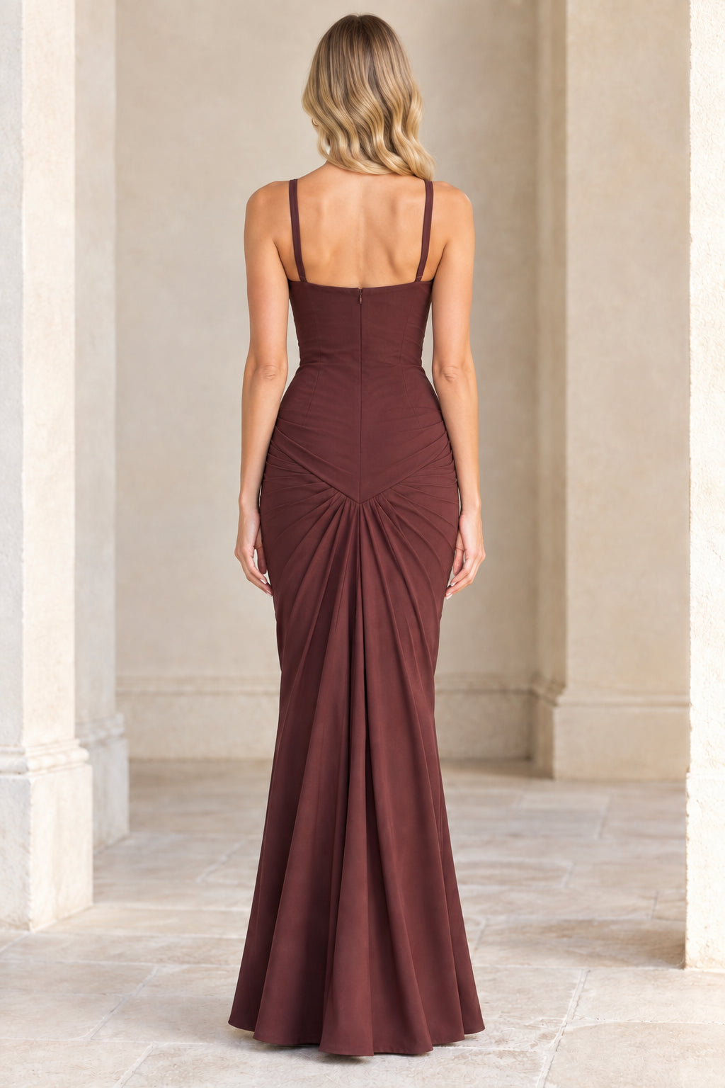Back view of Chocolate Brown sweetheart mermaid dress showing draped ruching
