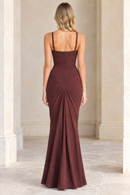 Back view of Chocolate Brown sweetheart mermaid dress showing draped ruching