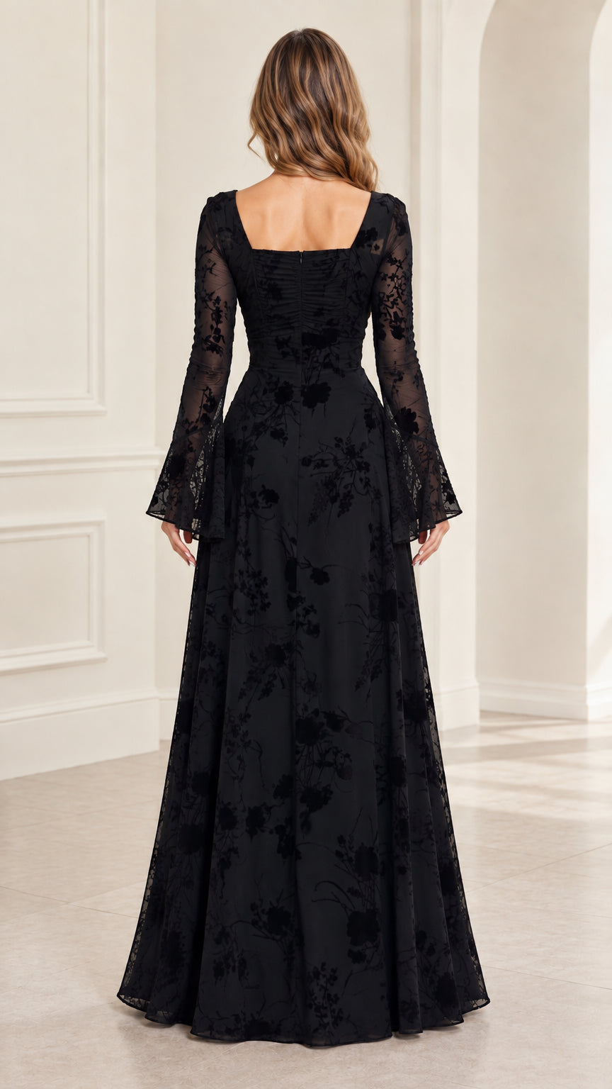 Back view of model showing square back neckline and hidden zip on black maxi dress