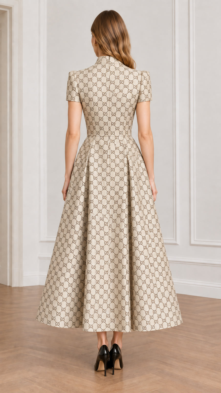 Back view of model wearing beige jacquard midi dress with tailored fit and pleated skirt