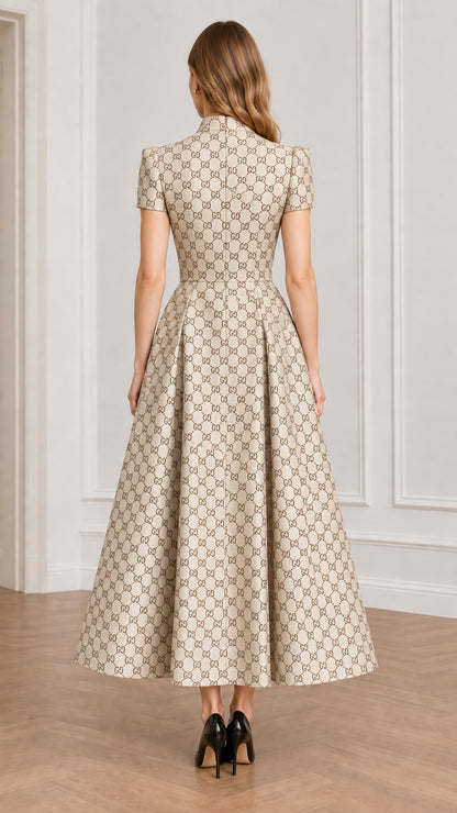 Back view of model wearing beige jacquard midi dress with tailored fit and pleated skirt