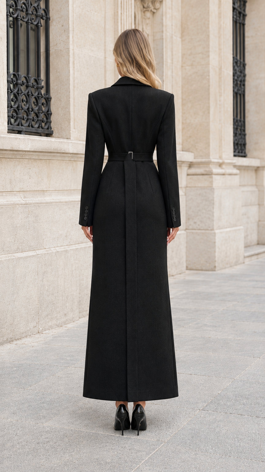 Back view of black longline blazer maxi dress showing fitted waist cinch detail