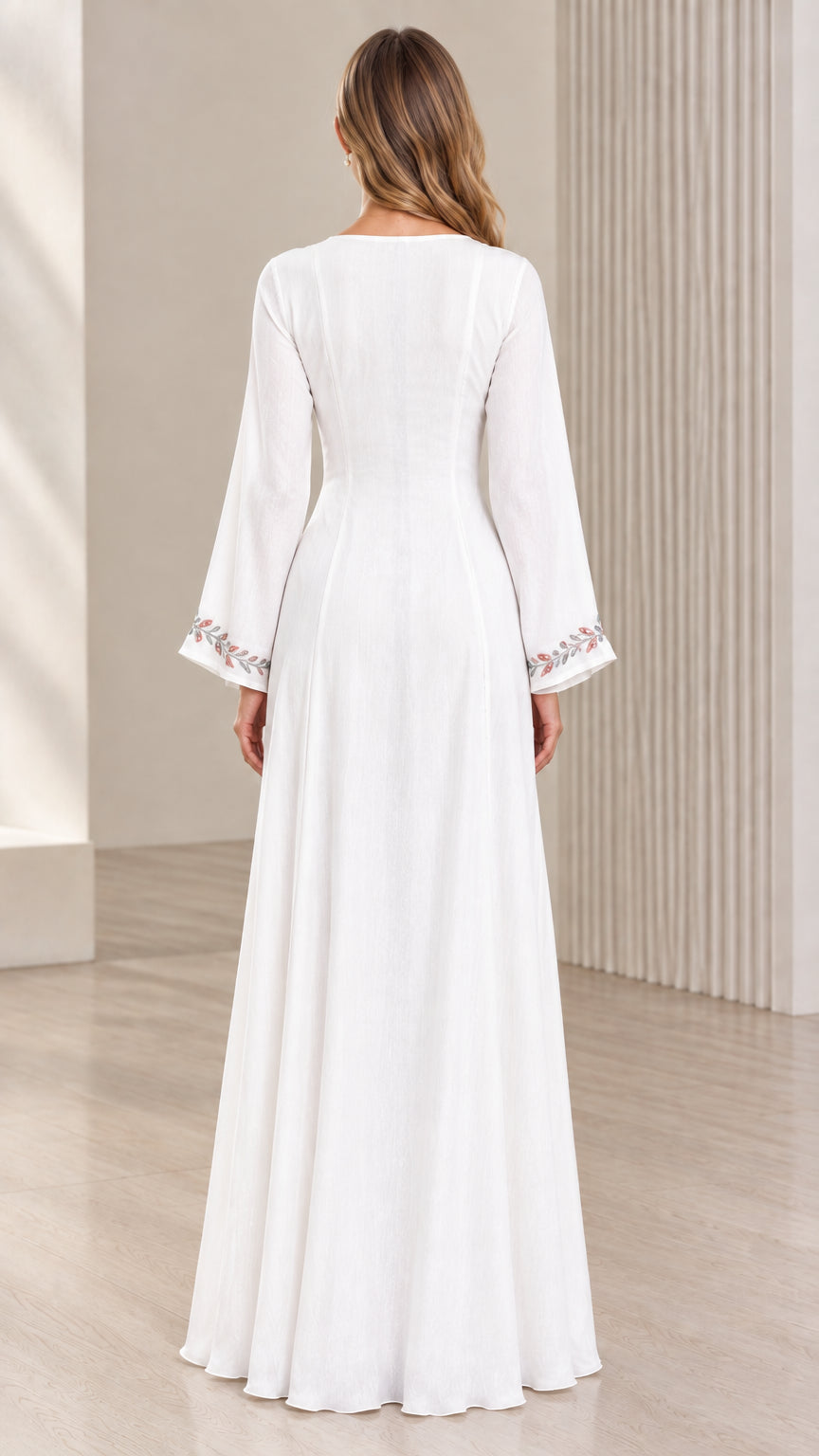 White embroidered maxi dress back view with flared sleeves