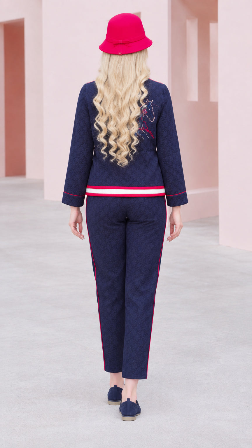 Back view of navy blue two-piece belted pant set