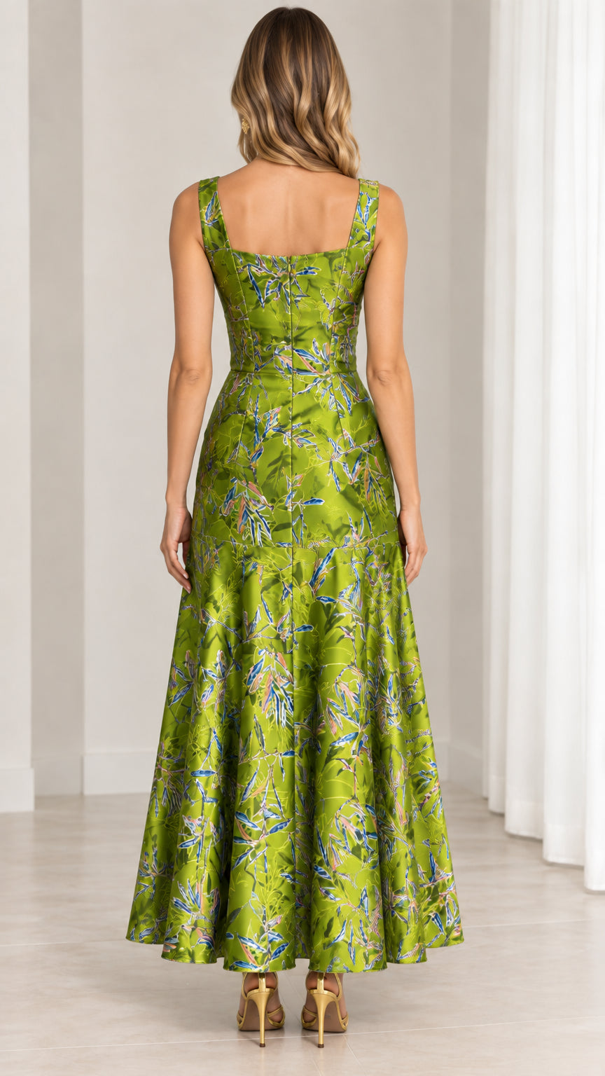 Back view of model in lime green sleeveless maxi gown showing square back and zipper