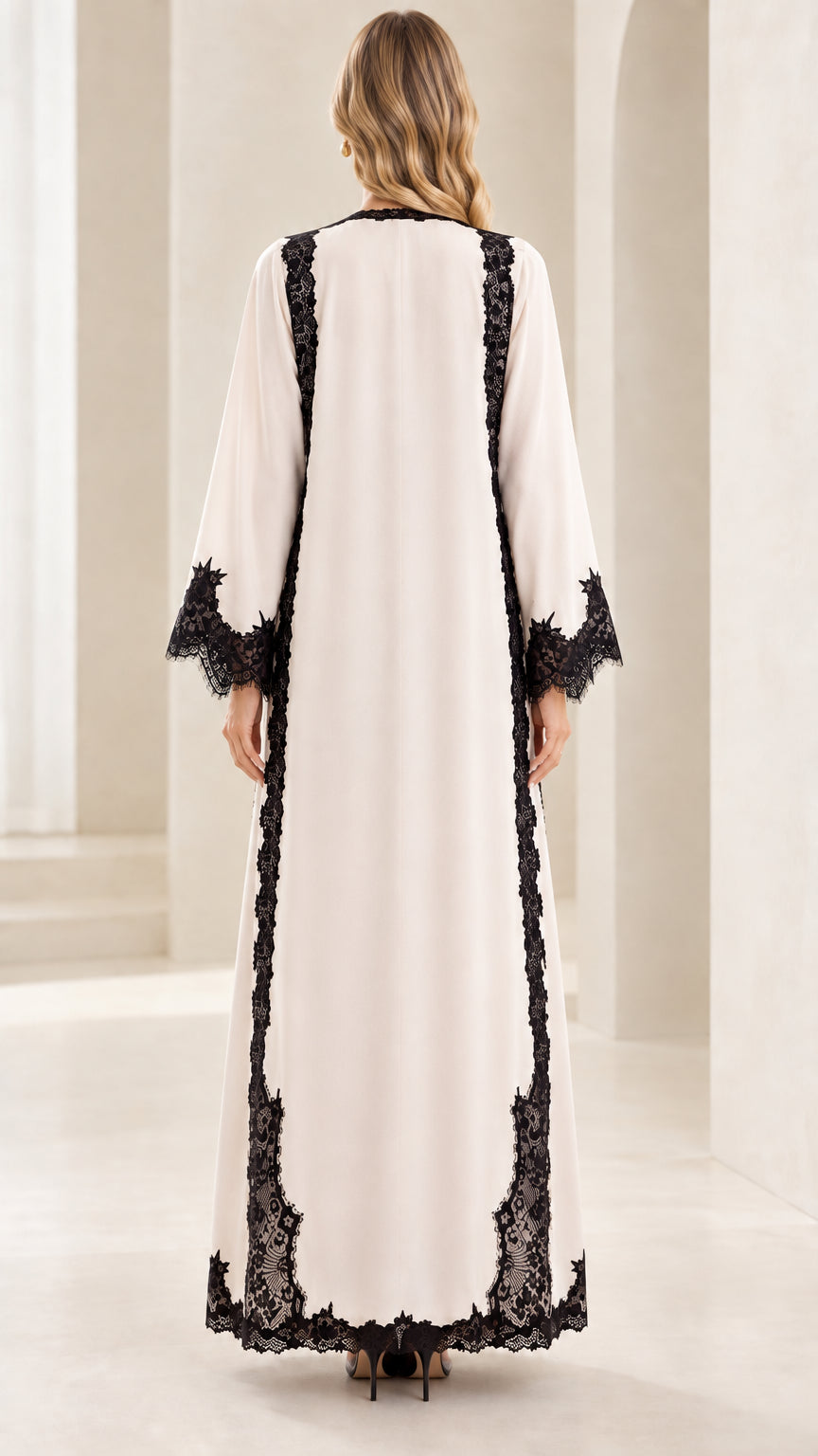 Back full-length view of cream modest maxi dress with lace detailing