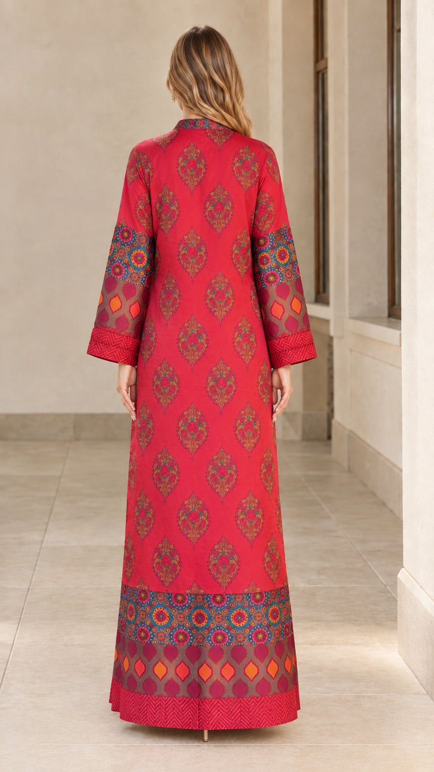 Back view of model in full-length Crimson Red printed kaftan dress