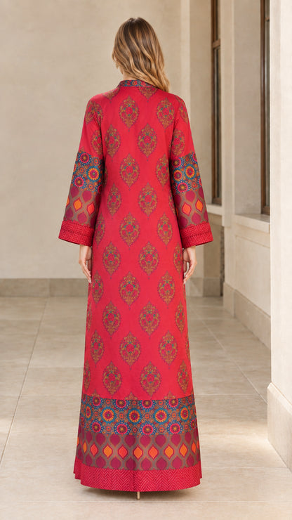 Back view of model in full-length Crimson Red printed kaftan dress