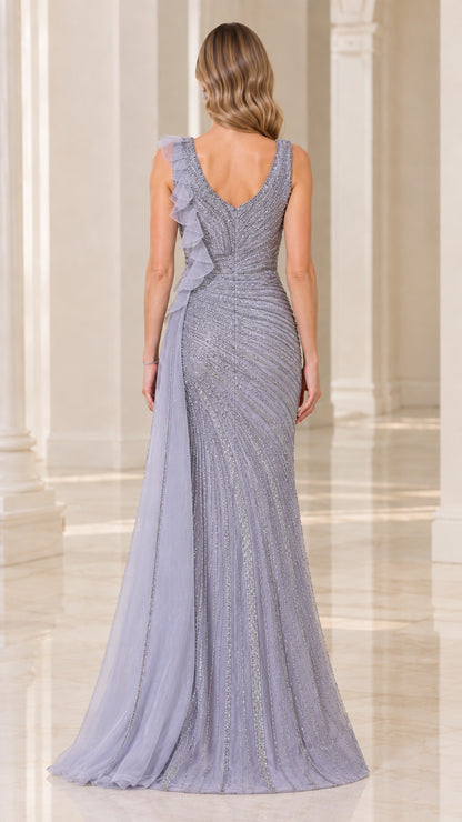 Dusty Blue mermaid formal dress back view featuring V-back and flowing side drape