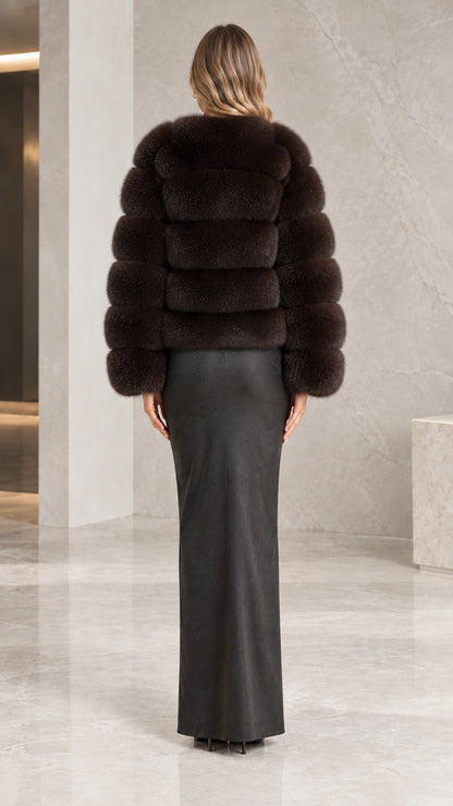 Back view of the espresso brown horizontal panel faux fur jacket
