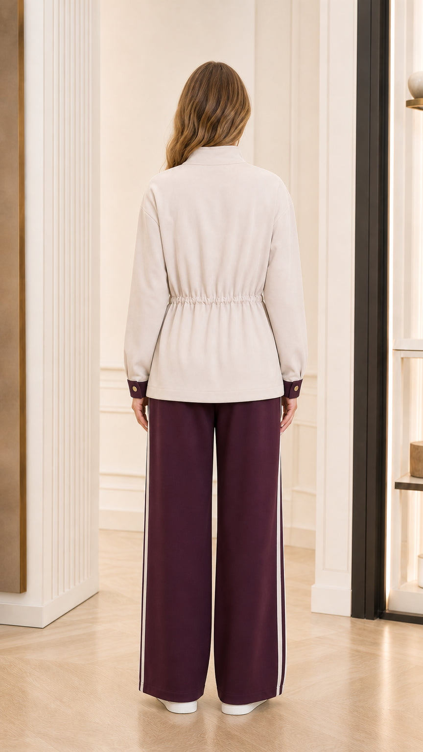 Back view of model showing the cinched drawstring waist and clean fit of the beige jacket